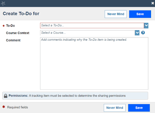 A Create To Do for window displaying the options to select the type of To-Do, enter Course Context and Due Date if applicable and Comments