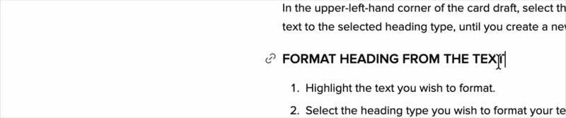 A user highlights Guru Card text and changes the formatting to a Large Heading using the text toolbar.