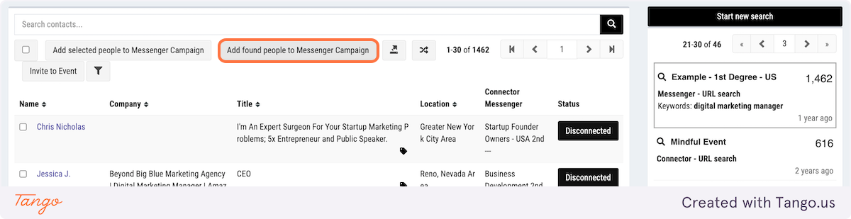 Click on Add found people to Messenger Campaign