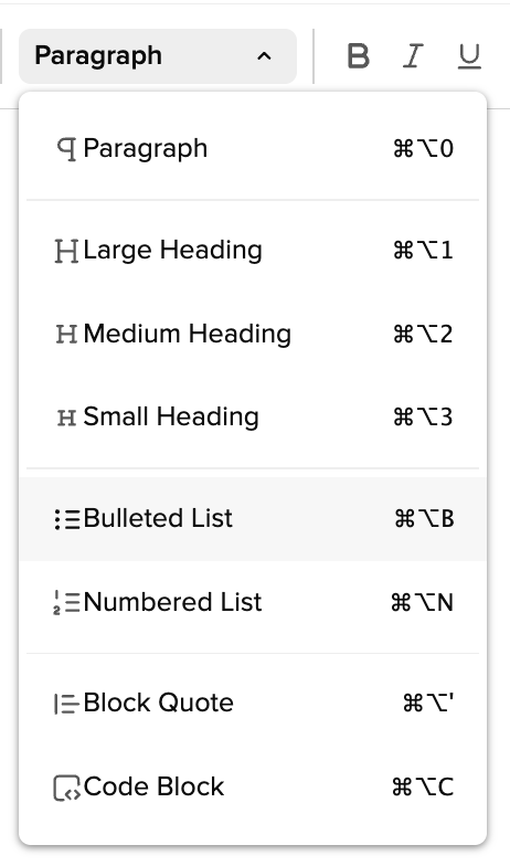 The complete formatting toolbar drop down, with the Bulleted List option highlighted.