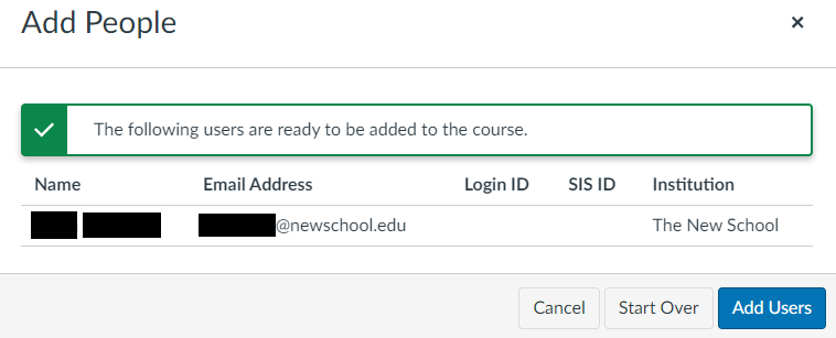 The Add People section in Canvas displaying the notification that the following users are ready to be added to the course 