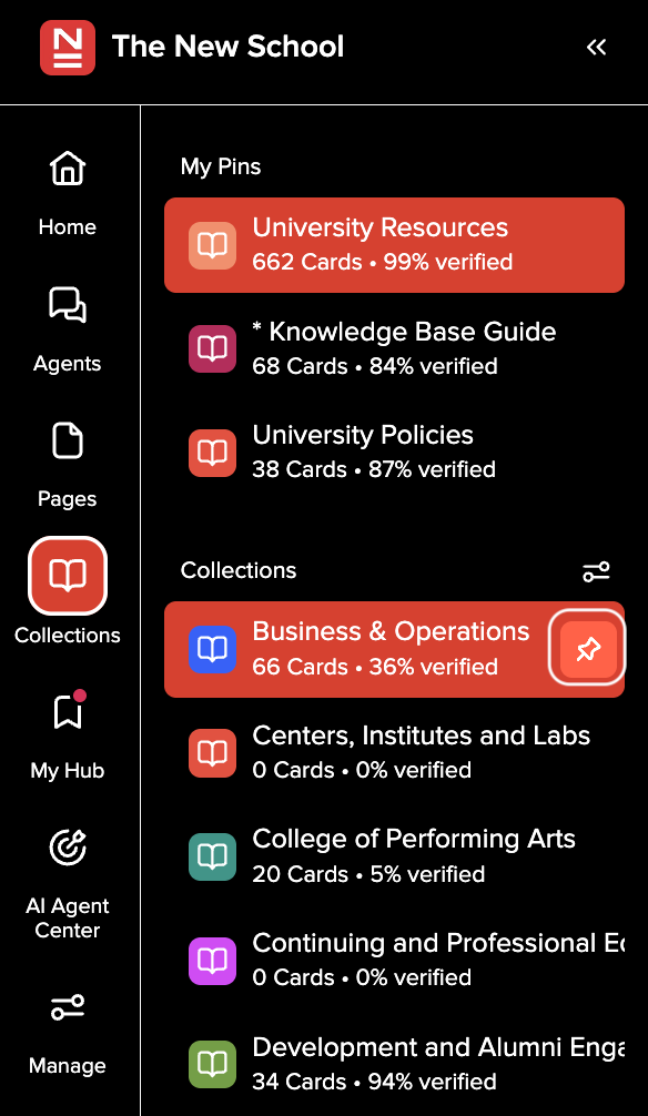 A screenshot depicting an open Collections Menu in the Guru Navigation Bar.